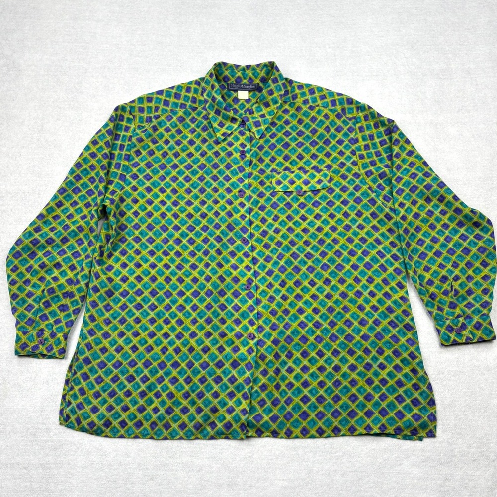 Vintage 80s Maggie McNaughton Blouse Womens 2X Green Purple Diamond Button Shirt